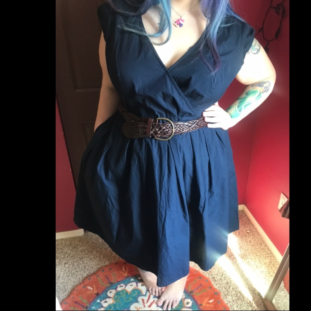 Navy Blue Eshakti Surplice Swing Dress